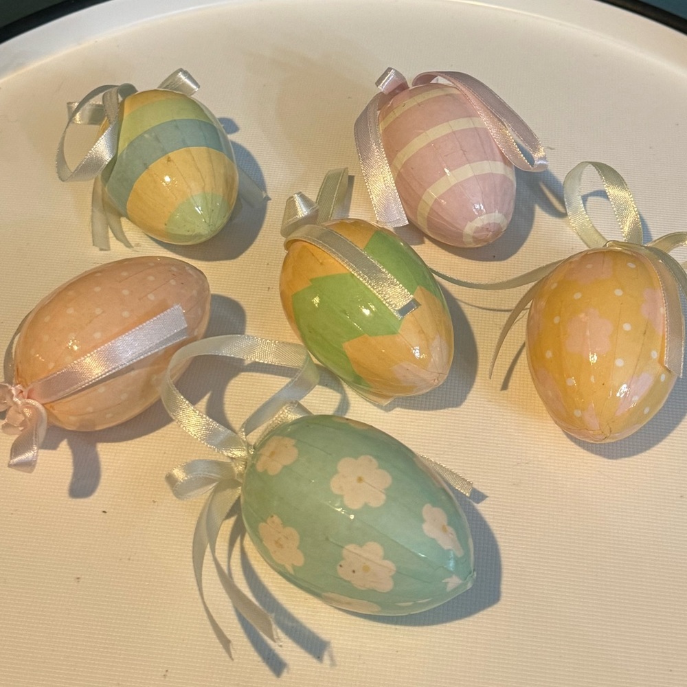 Set of 6 Easter Paper Mache Egg Ornaments with ribbon strings